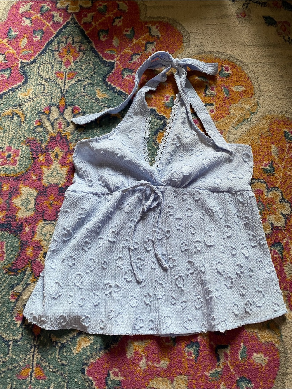 NWT RusttyDustty women’s light blue tie halter top v neck open back size large